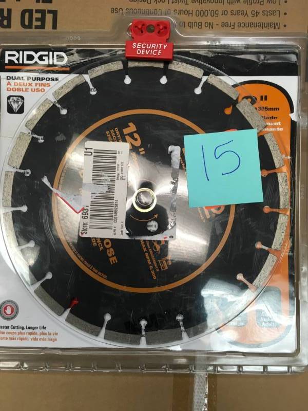 lot 15 image: RIDGID 12 in. Dual-Purpose Diamond Blade in very  good condition