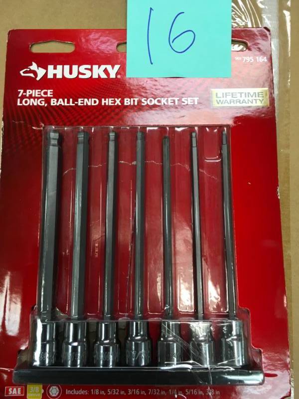 lot 16 image: Husky 38 in. Drive SAE Long Ball Hex Bit Socket Set (7-Piece) in very  good condition