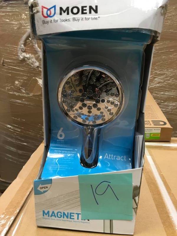 lot 19 image: MOEN Attract 6-Spray 4 in. 1.75 GPM Handheld Shower with Magnetix in Chrome in very  good condition