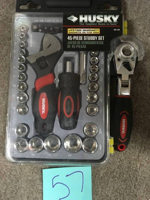 lot 57 image: Husky 14 in. and 38 in. Stubby Ratchet and Socket Set (46-Piece) in very  good condition