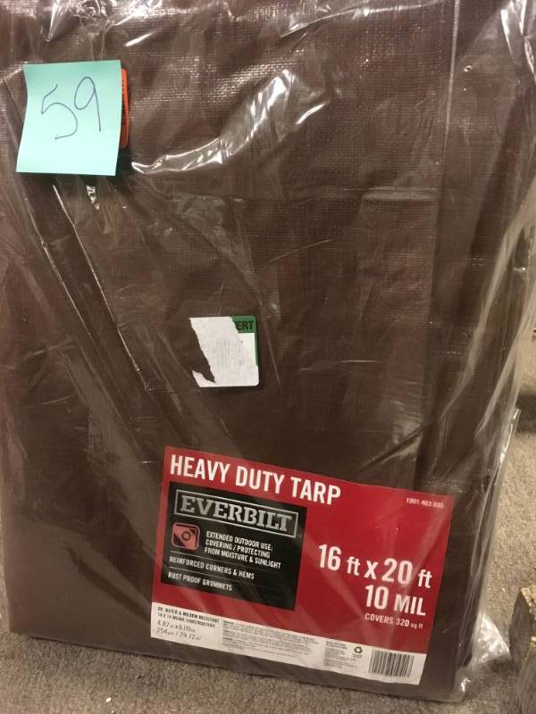 lot 59 image: Everbilt 16 ft. x 20 ft. BrownSilver Heavy Duty Tarp not used