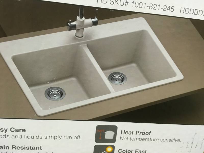 lot 61 image: Elkay by Schock Dual Mount Quartz Composite 33 in. Double Bowl Kitchen Sink in very  good condition