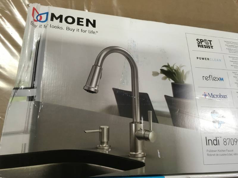 lot 62 image: MOEN Indi Single-Handle Pull-Down Sprayer Kitchen Faucet with Reflex, Power Clean, and Microban in Spot Resist Stainless in very  good condition