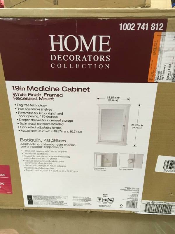 lot 69 image: Home Decorators Collection 19-78 in. W x 28-14 in. H Fog Free Framed Recessed Mount Extended Storage Bathroom Medicine Cabinet in White in very  good condition