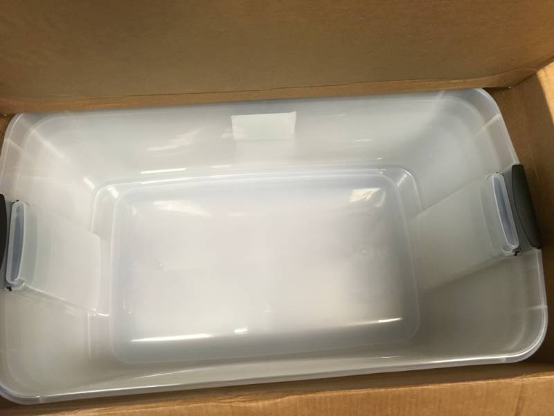 lot 79 image: Sterilite 19909804 116 Quart110 Liter Ultra Latch Box, Clear with a White Lid and Black Latches, 4-Pack in very  good condition
