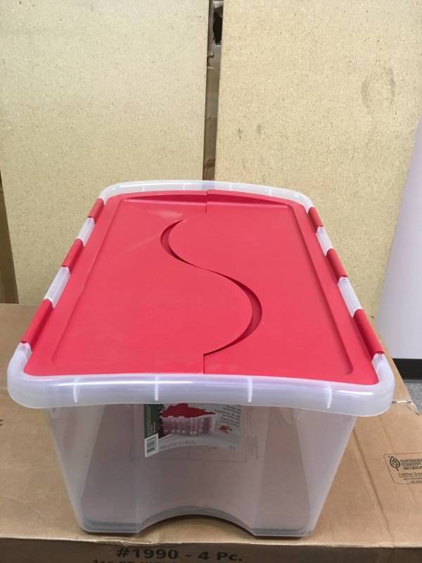 lot 80 image: 6-Pk Sterilite 48 Quart Hinged Lid Holiday Ornament Storage Boxes in very  good condition