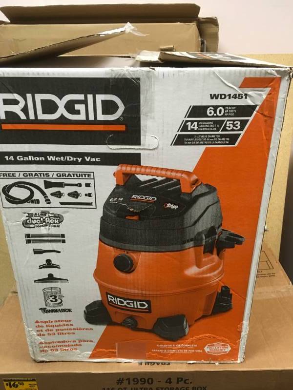 lot 87 image: RIDGID 14 Gal. 6.0-Peak HP Wet Dry Vac with Auto Detail Kit in very  good condition