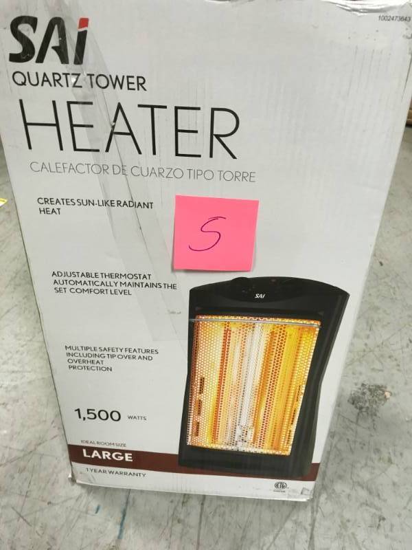 lot 5 image: SAI 1500-Watt Quartz Tower Heater, Black in good working condition