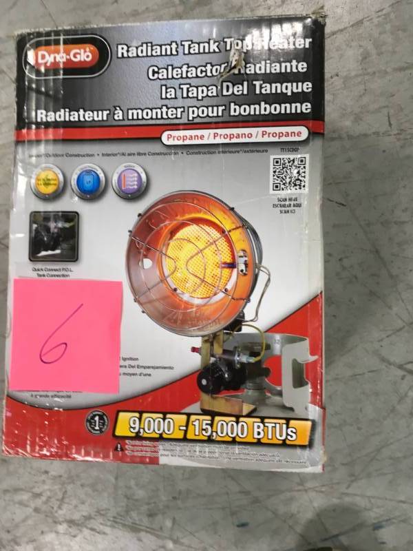 lot 6 image: Dyna-Glo 15K LP Single Tank Top Infrared Heater - CSA in good working condition