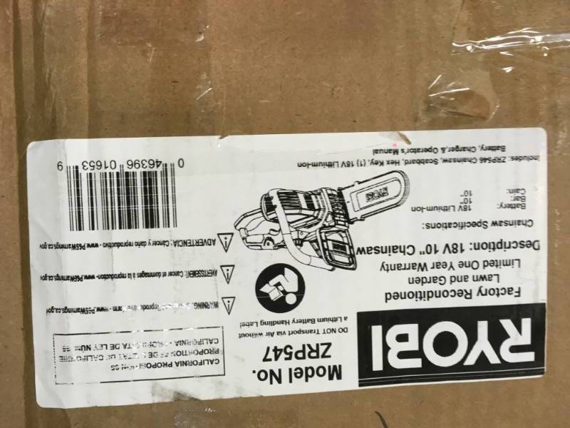 lot 12 image: RYOBI Reconditioned ONE Lithium 10 in. 18-Volt Lithium-Ion Cordless Chainsaw - 1.5 Ah Battery and Charger Included in good working condition