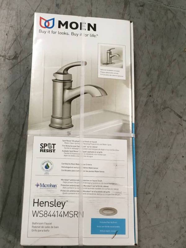 lot 46 image: MOEN Hensley Single Hole Single-Handle Bathroom Faucet in Spot Resist Brushed Nickel in good working condition