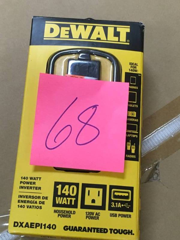 lot 68 image: DEWALT 140-Watt Power Inverter with Dual USB Ports in good working condition