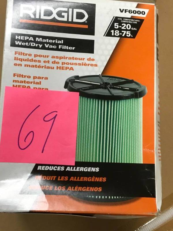 lot 69 image: RIDGID 5-Layer Allergen Pleated Paper Filter for 5.0 Plus Gal. RIDGID WetDry Vacs in good working condition
