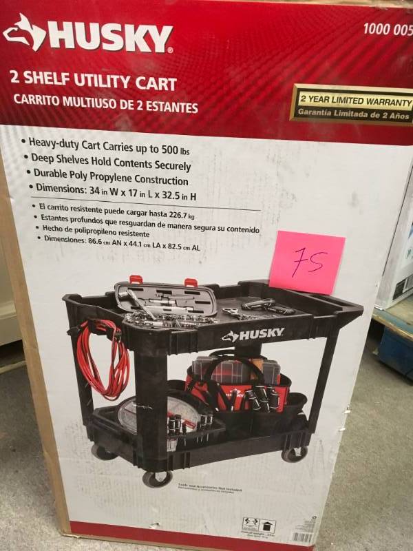 lot 75 image: Husky 1866880 16 in. 2-Shelf Utility Cart, Black in good working condition