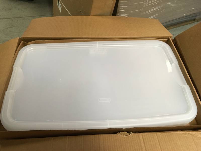 lot 95 image: Sterilite 19909804 116 Quart110 Liter Ultra Latch Box, Clear with a White Lid and Black Latches, 4-Pack not used