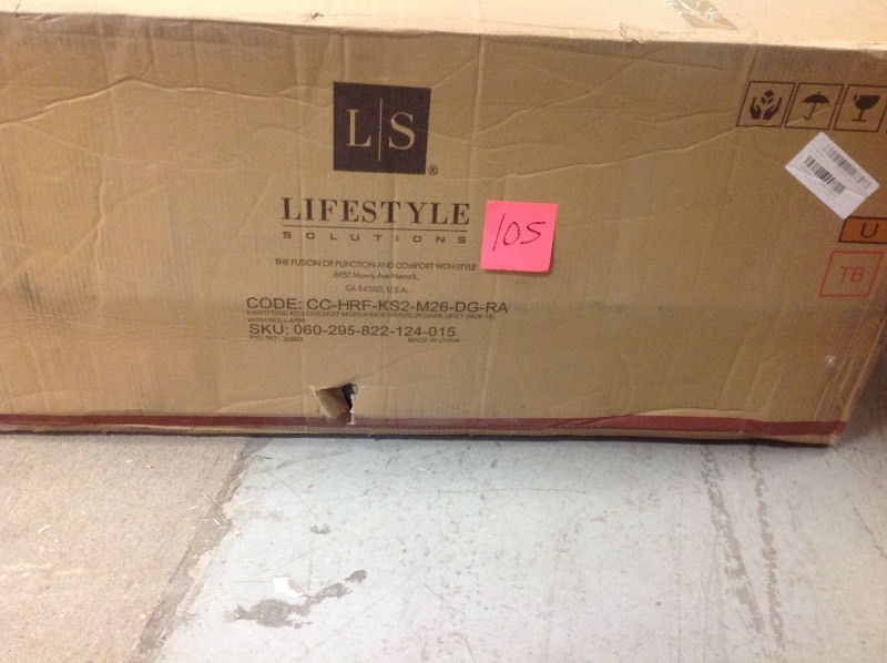 lot 105 image: Lifestyle Solutions  Harvard Microfiber Loveseat with Rolled Arm in Dark Grey IN GOOD CONDITIONS