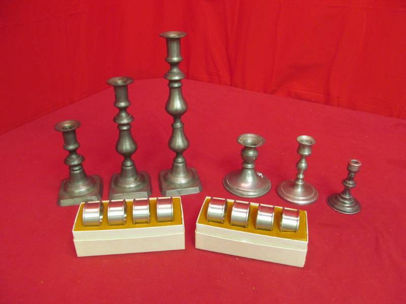 pewter napkin rings, candlesticks