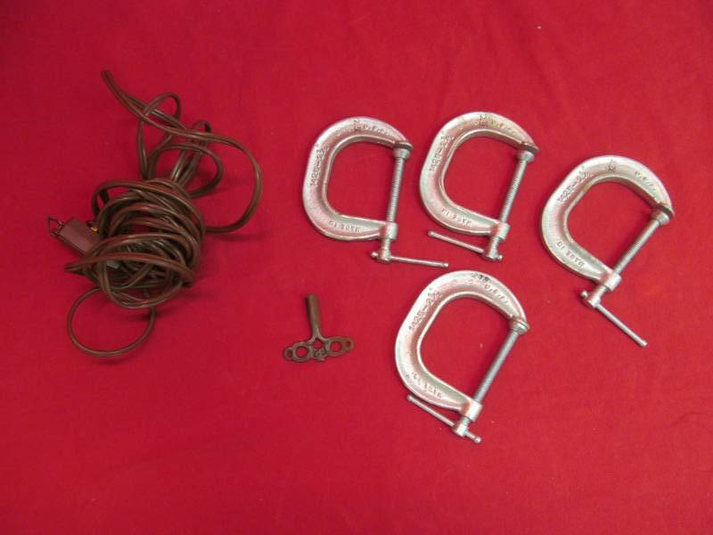 vintage clock key ,c clamps, cord