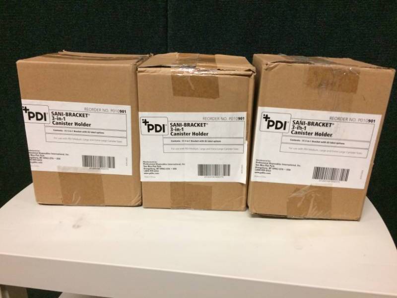 lot 5 image: Lot of 3 New In Box PDI Sani-Bracket 3-in-1 Wall Mount Canisters For Sanitizer Cloths 