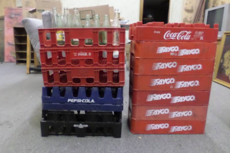 lot 76 image: Coca Cola, Pepsi, Etc Plastic Crates Plus Vintage Bottles