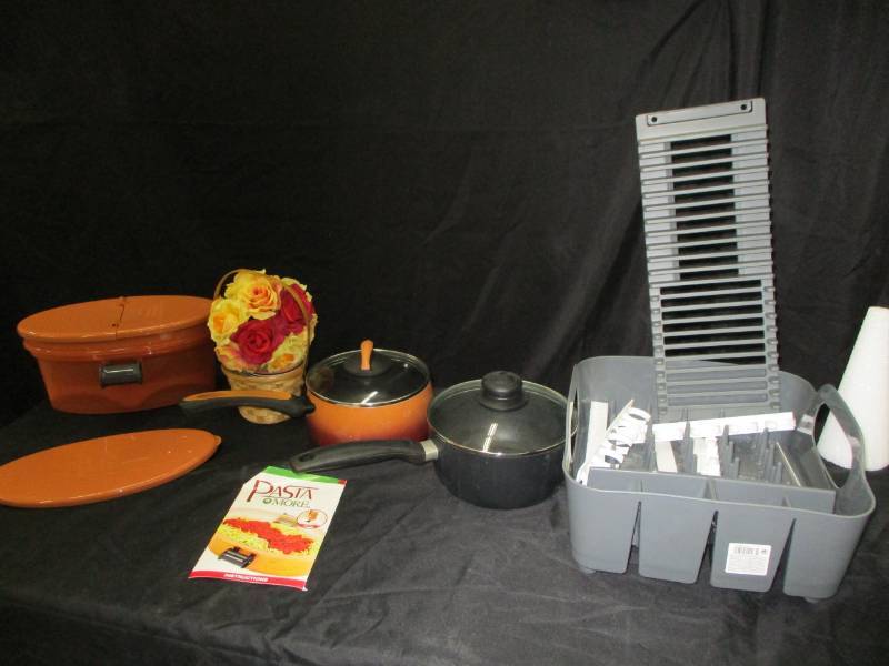 lot 19 image: Strainer and 2 pots with covers, a pasta maker and Decorative Flowers