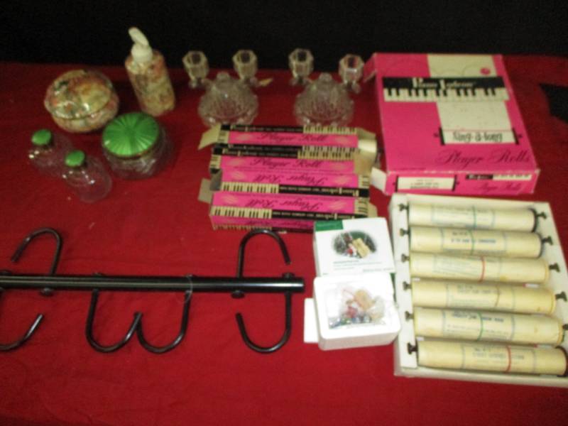 lot 38 image: Vintage Music Rolls and 1920s Vanity Set, Old Candle Holders Bathroom set and more