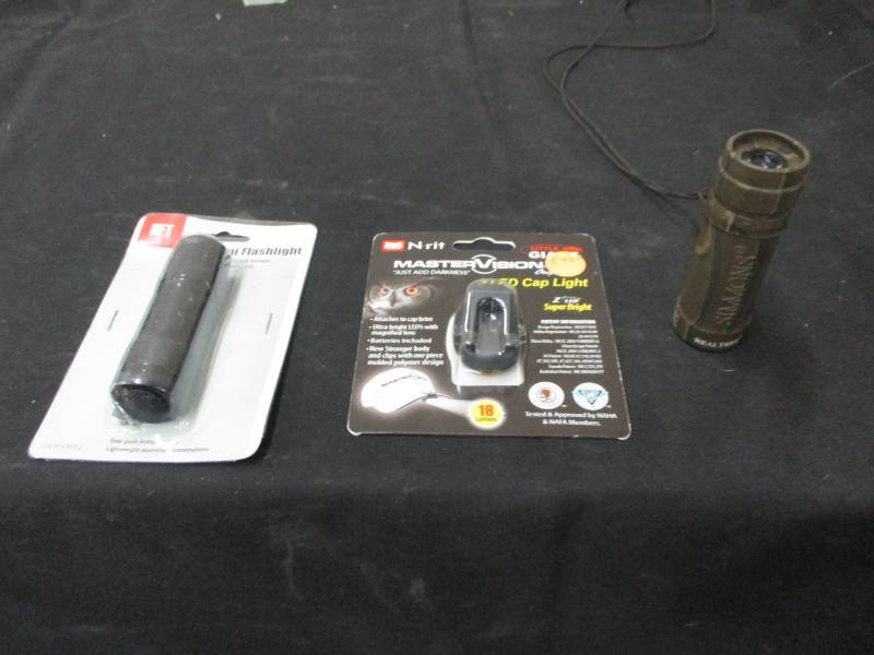 lot 105 image: 3 Led Cap light, Flashlight, and 3 12 Flashlight
