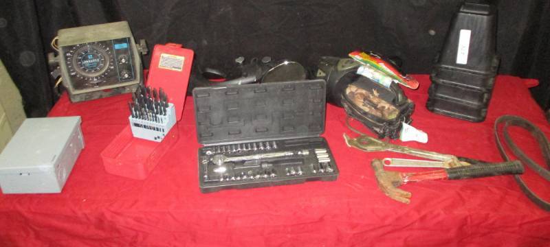 lot 108 image: 2 Towing Mirrors, Tools, Flashlight, Drill Bits, Bed Risers, Socketset anf more