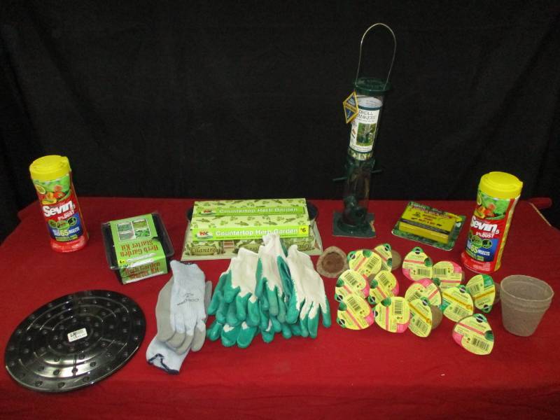 lot 128 image: Lots of Plant Starting Stuff, Fertilizer, Gloves, Insect Stuff bird feeder and more