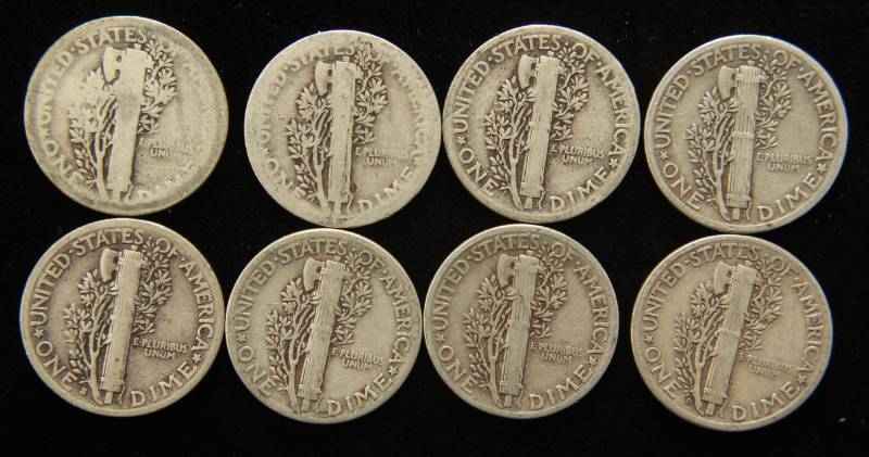 GROUP OF 8 MERCURY DIMES AS PICTURED