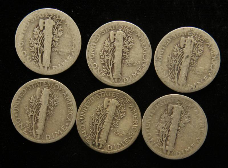 GROUP OF 6 MERCURY DIMES