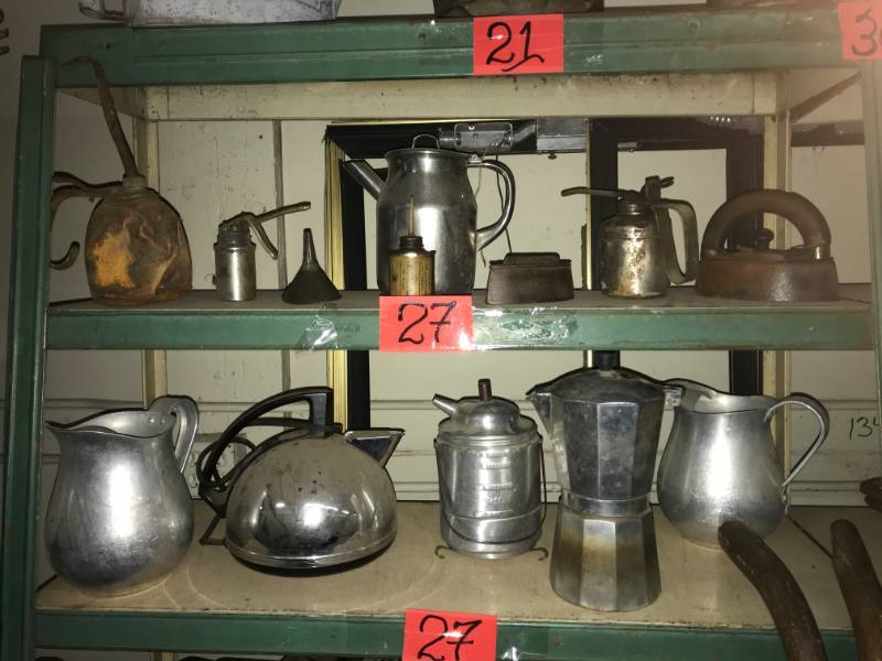 lot 27 image: Two Shelves oil cans, pitchers, irons, etc