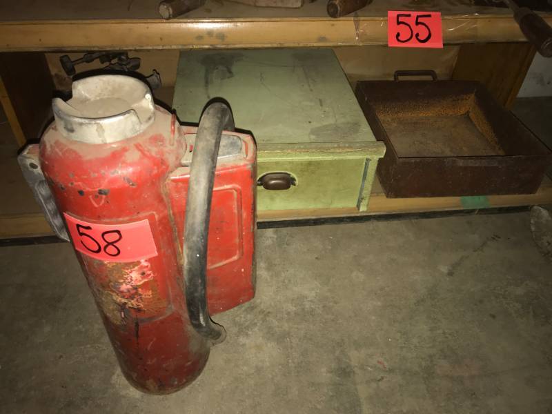 lot 58 image: Wood Drawer, Metal Bin, Two Brass Blow Torches, Fire Extinguisher