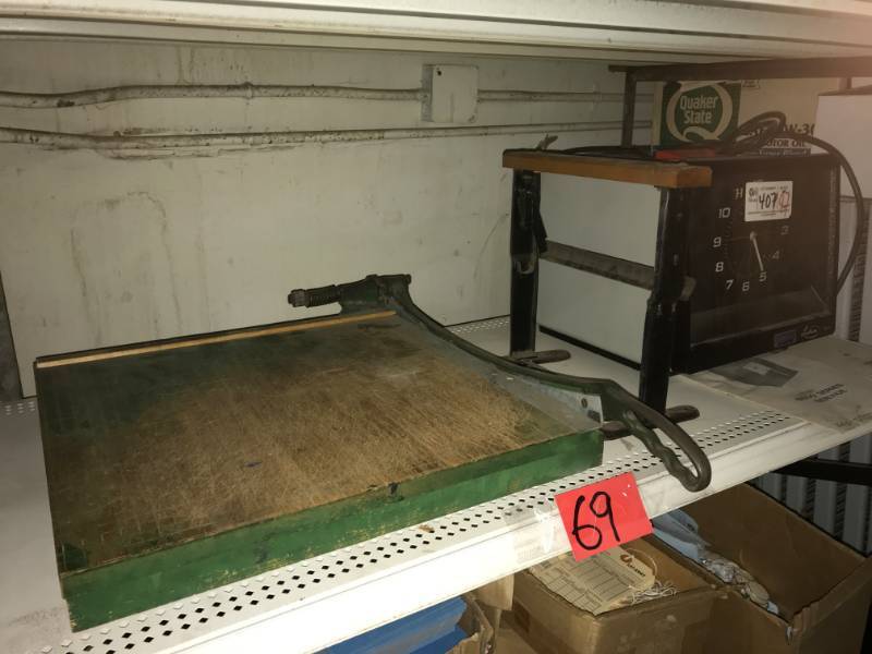 lot 69 image: Vintage Paper Cutter, Paper Roll Dispenser, Latham Timeclock