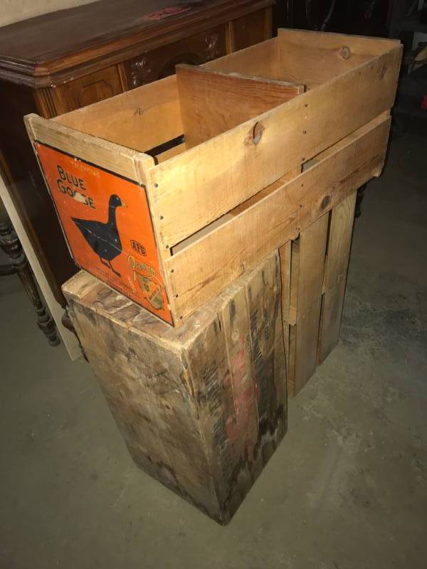 lot 89 image: Two Vintage Orange Crates, One Wood Box Mishawaka Woolen Mfg Co