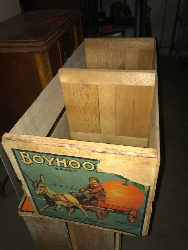 Two Vintage Orange Crates, One Wood Box "Mishawaka Woolen Mfg Co