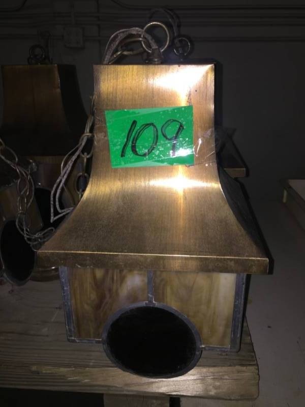 lot 109 image: Two hanging, stained glass lamps