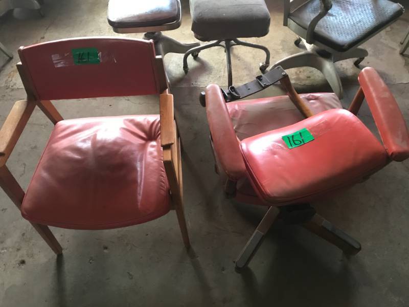 lot 161 image: Two Mid-Century Salmon colored office chairs, solid wood frames. Johnson Chair Co