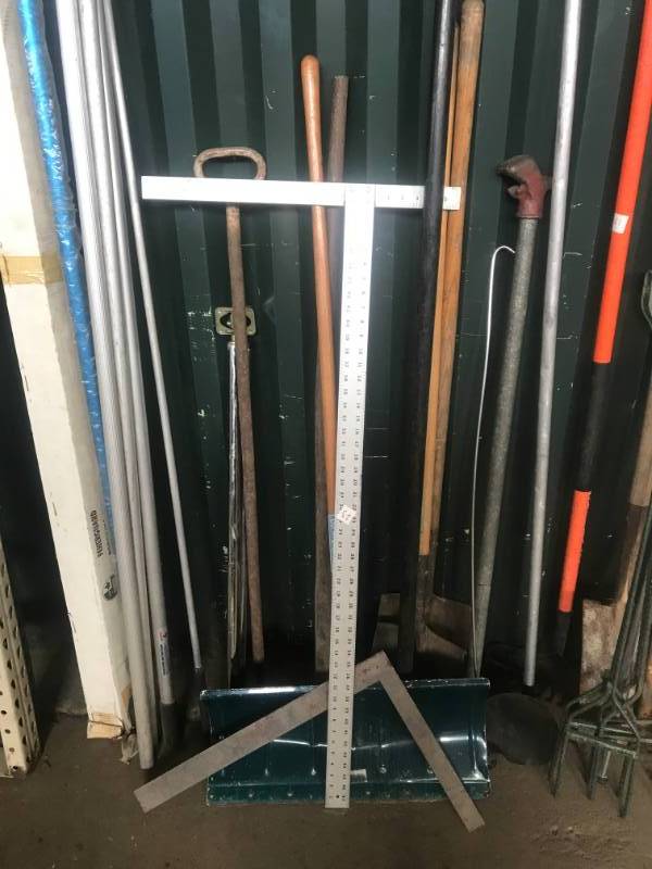 lot 258 image: Large Group of Tools, Handles, New Wire Shelves (11) & Golf Clubs