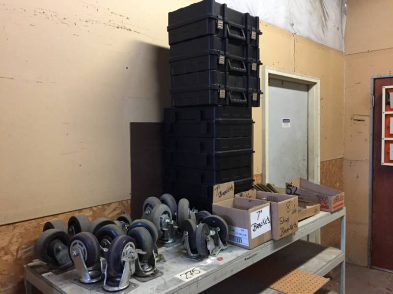 lot 275 image: Shelf of Wheels (21) Brackets & Seven New Tool Boxes