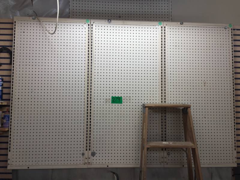 lot 279 image: Framed Pegboard, Box of Peghooks, Shop Light & Stool, 6 Wood Ladder, Mop bucket, Five Tool Boxes