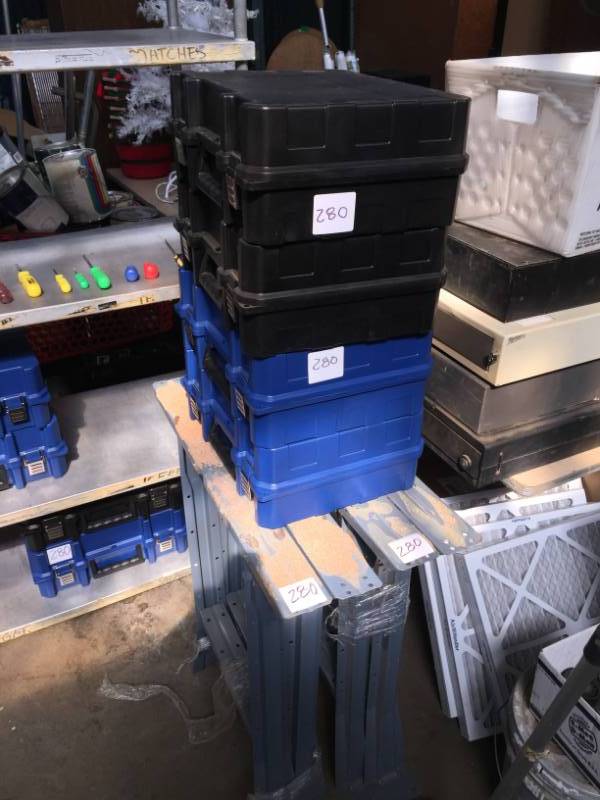 lot 280 image: Aluminum Shelf wcontents,Tool Boxes & Four Workbench Legs