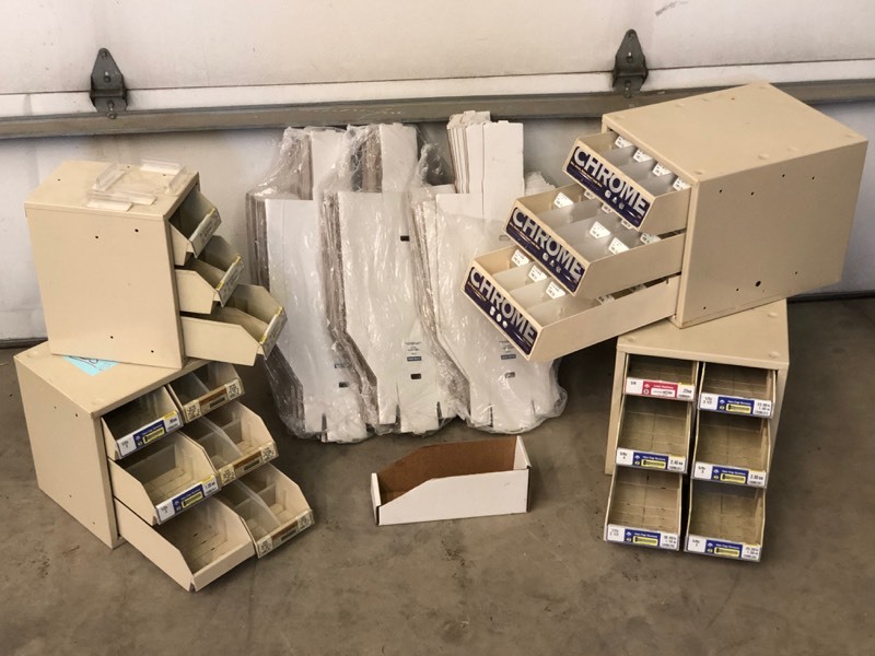 lot 35 image: Lot Of (4) Bench Top Parts Bins & Uline Sorting Boxes
