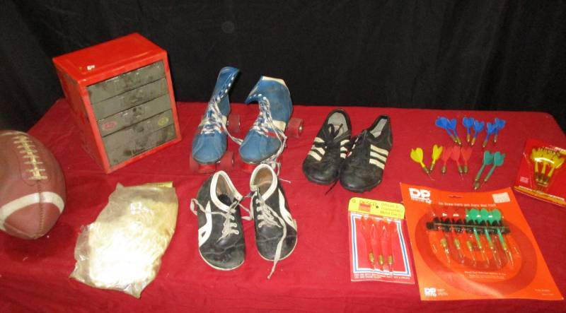 Vintage Roller Skates, Football, cleets basketball net and organizer