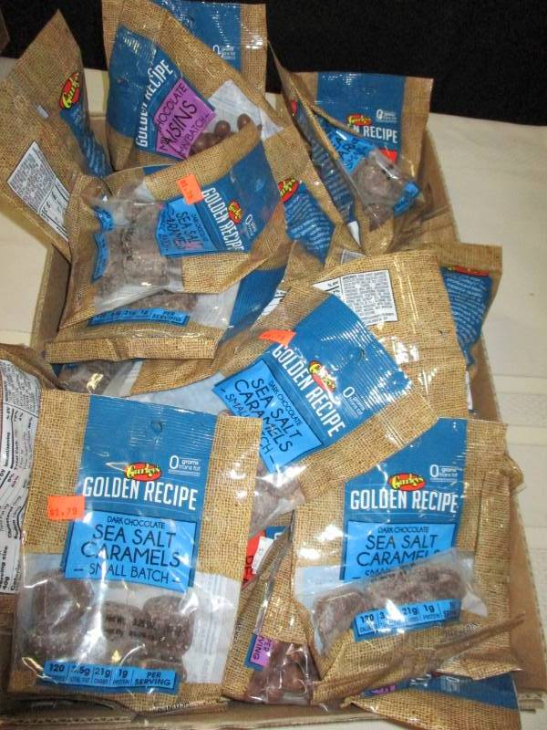 28 bags of various chocolate covered raiins sea salt carmels
