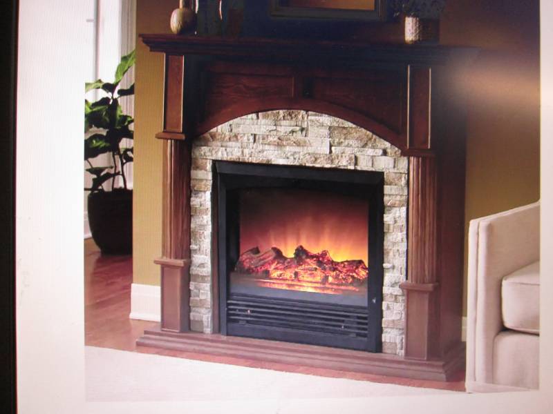 lot 61 image: Faux Brick Fireplace Cabinet- no in...