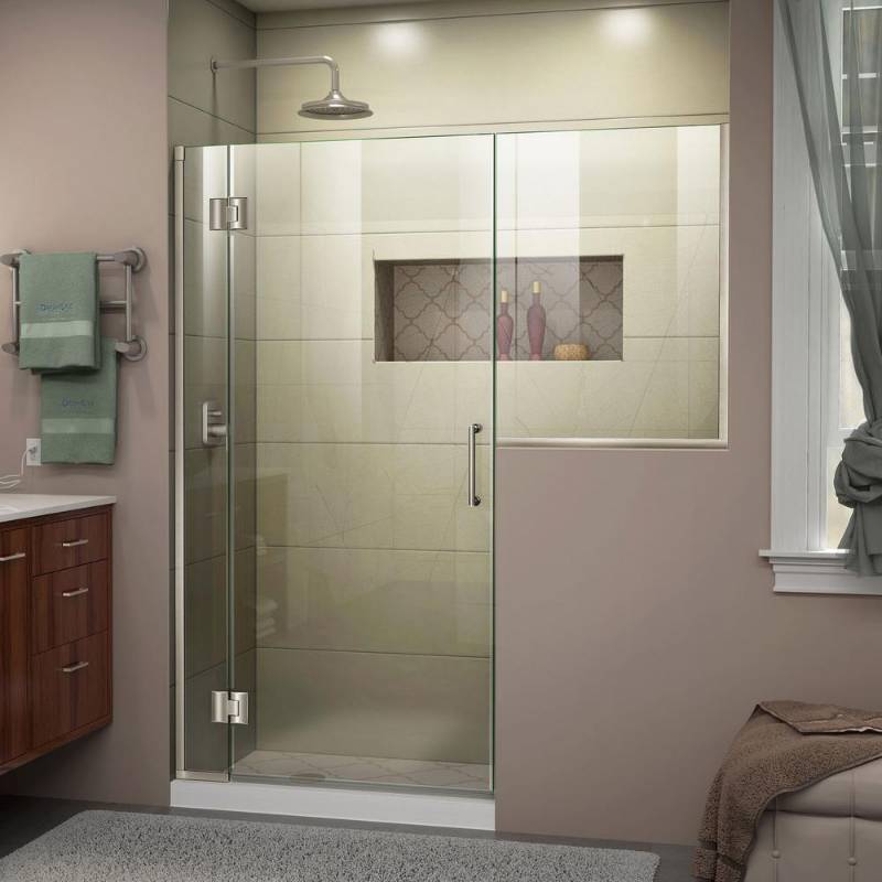 lot 76 image: Dreamline Unidoor-X 58 to 58.5 in. x 72 in. Frameless Hinged Shower Door in Brushed Nickel D1282436-04