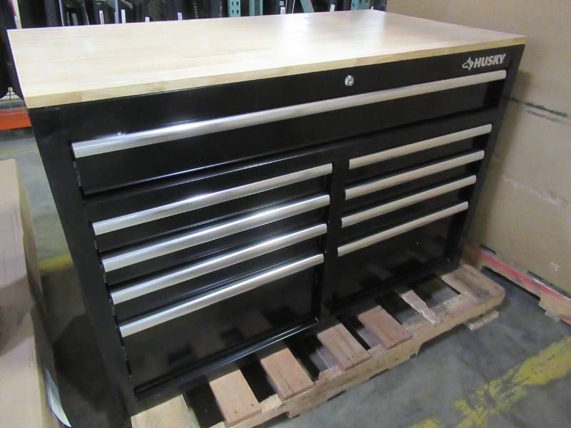 lot 15 image: Husky 46 in. x 24 in. D 9-Drawer Mobile Workbench in Black, H46MWC9XD - New out of box.