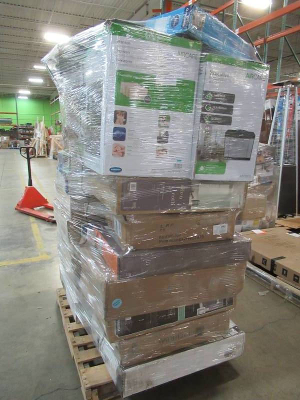 lot 11 image: WHOLESALE MIXED PALLET OF RETURNS - MICROWAVE, MEDICINE CABINETS, FANS AND MORE