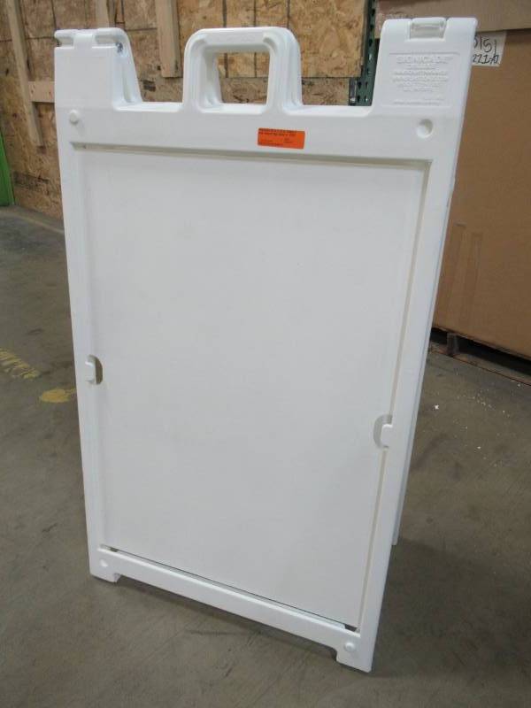 lot 84 image: Signicade 25 in. x 45 in. Plastic Easel Shaped Sign Stand A-PS32
